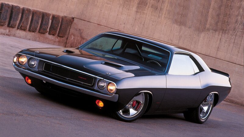 Black Muscle Car — Dramatic, Sunset, Photograph, Concrete Wall