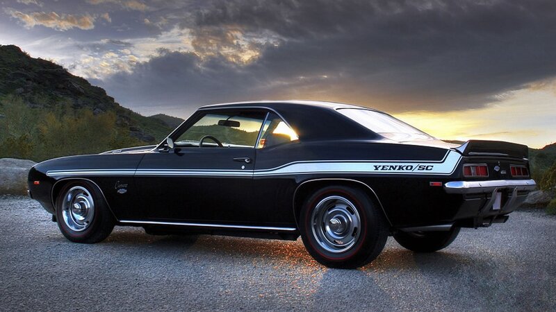 Black Muscle Car — Dramatic, Sunset, Photograph, Mountain, Sky