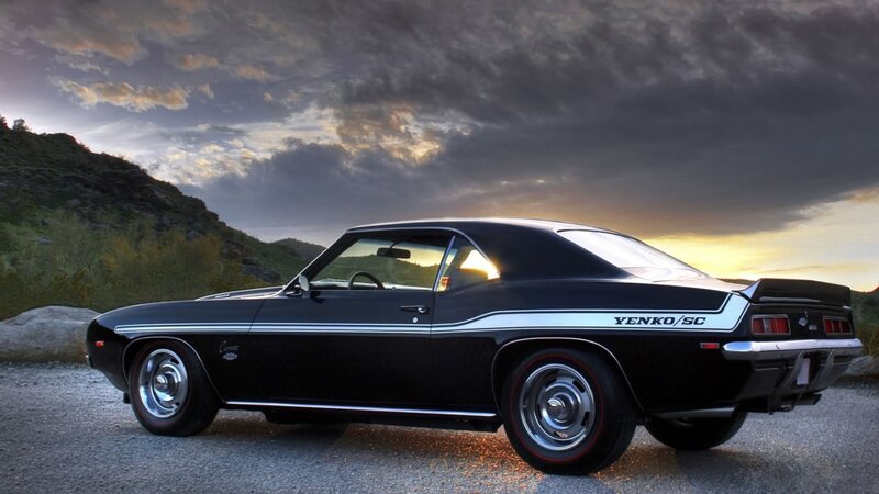 Black Muscle Car — Dramatic, Sunset, Photograph, Mountain