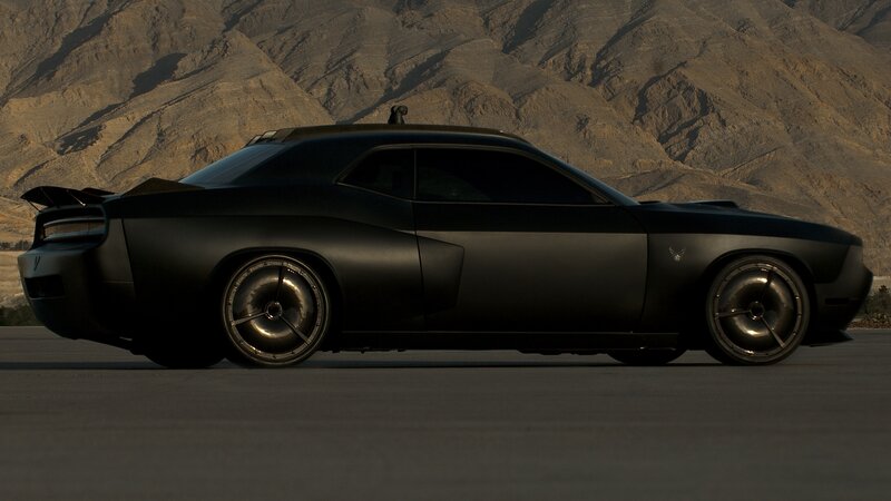 Black Muscle Car — Dramatic, Sunset, Photograph, Mountains, Desert