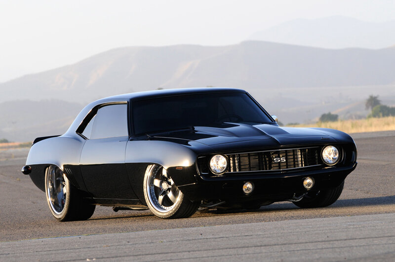 Black Muscle Car — Dramatic, Sunset, Photograph, Mountains, Road