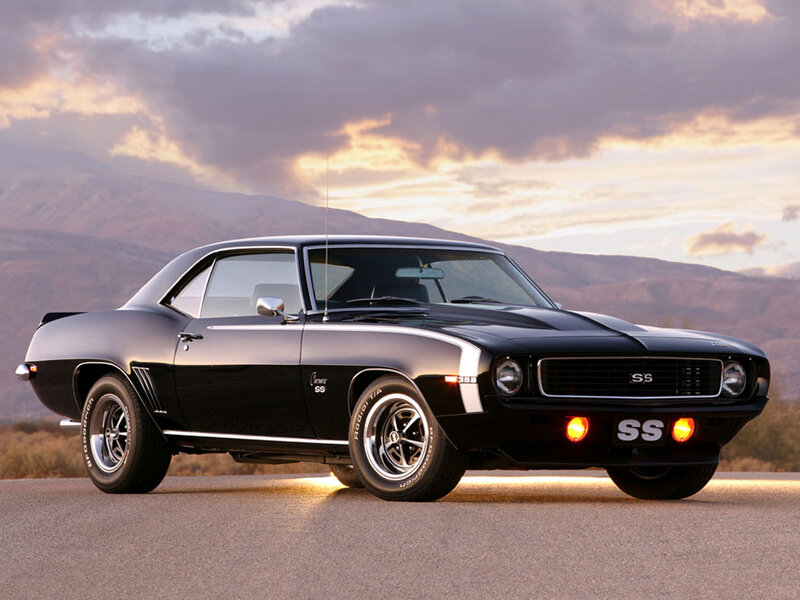 Black Muscle Car — Dramatic, Sunset, Photograph, Mountains, Sky