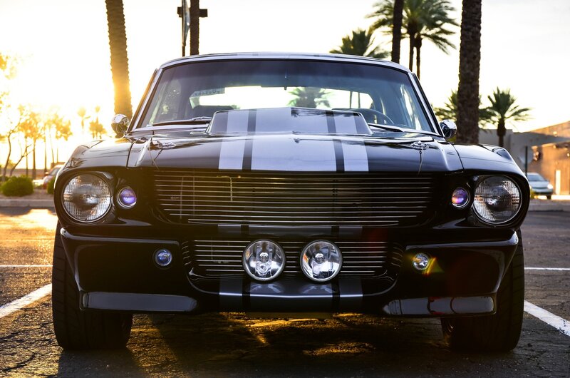 Black Muscle Car — Dramatic, Sunset, Photograph, Palm Trees