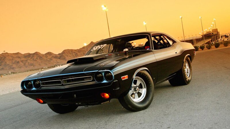 Black Muscle Car — Dramatic, Sunset, Photograph, Race Track, Mountains