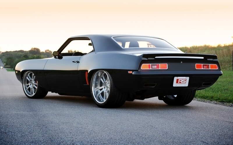 Black Muscle Car — Dramatic, Sunset, Photograph, Road, Grass, Gray