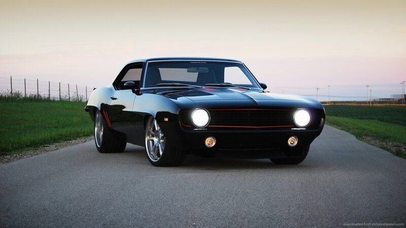 Black Muscle Car — Dramatic, Sunset, Photograph, Road, Grass