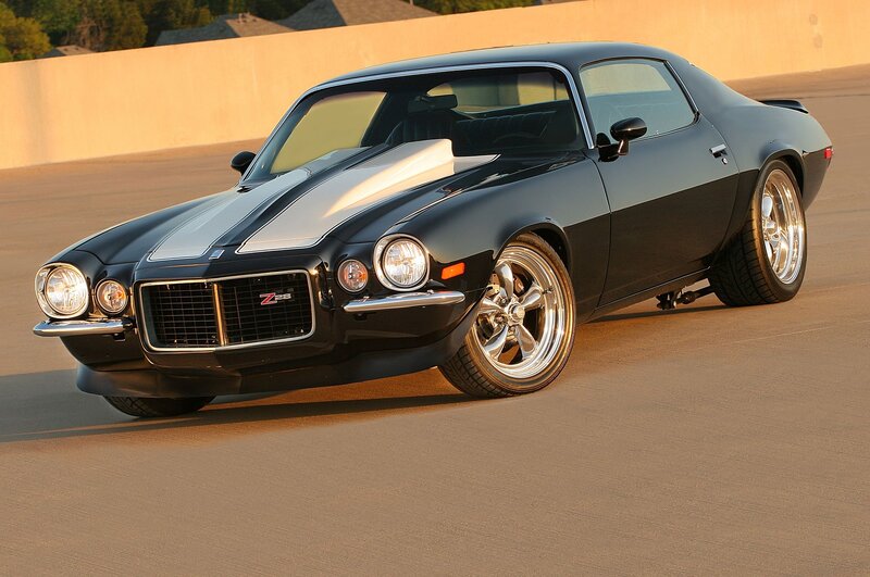 Black Muscle Car — Dramatic, Sunset, Photograph, Road, Sunlight