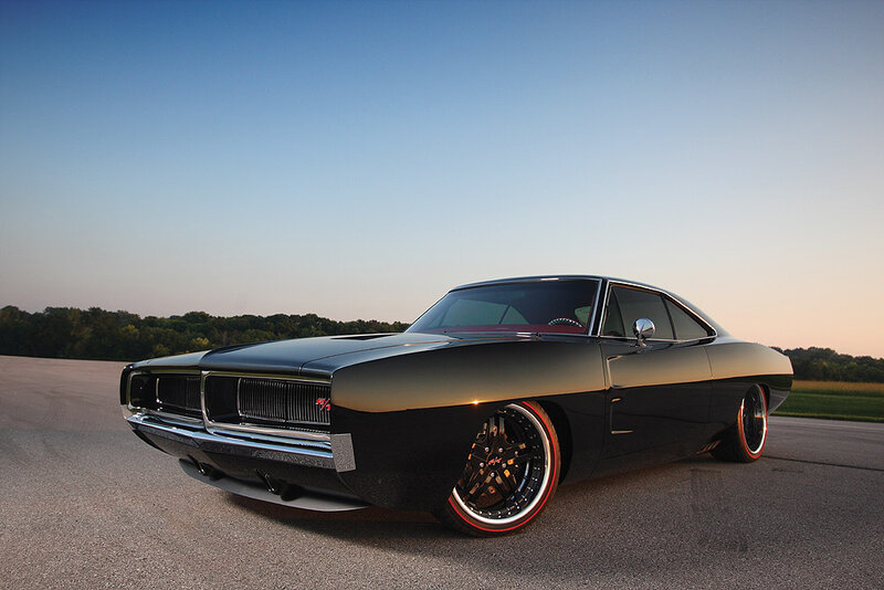 Black Muscle Car — Dramatic, Sunset, Photograph, Road