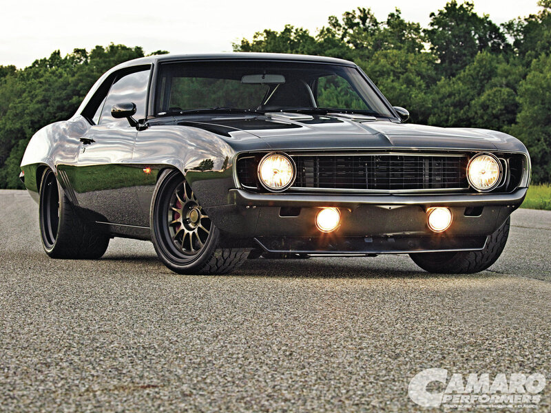 Black Muscle Car — Dramatic, Sunset, Photograph, Road, Trees, Headlights
