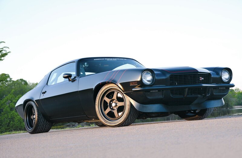 Black Muscle Car — Dramatic, Sunset, Photograph, Road, Trees, Lake