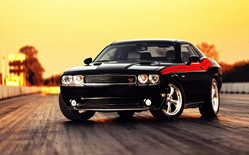 Black Muscle Car — Dramatic, Sunset, Photograph, Road, Trees, Sky