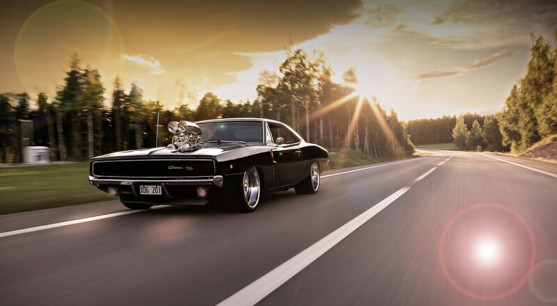 Black Muscle Car — Dramatic, Sunset, Photograph, Road, Trees, Sun