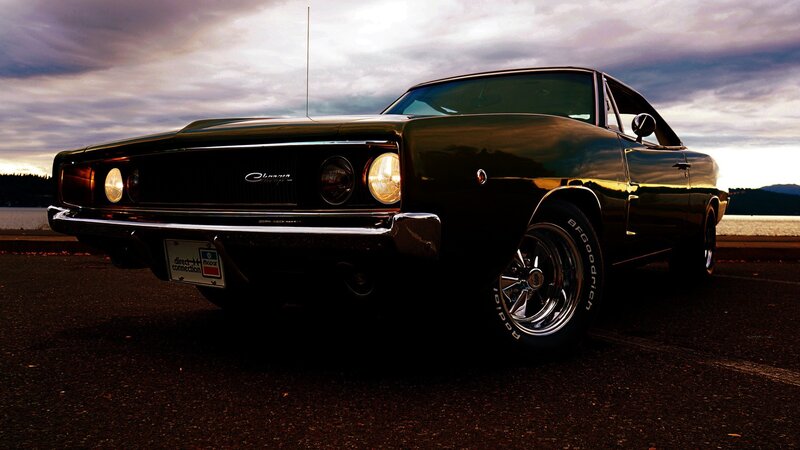 Black Muscle Car — Dramatic, Sunset, Photograph, Sky