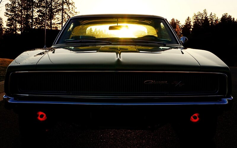 Black Muscle Car — Dramatic, Sunset, Photograph, Trees
