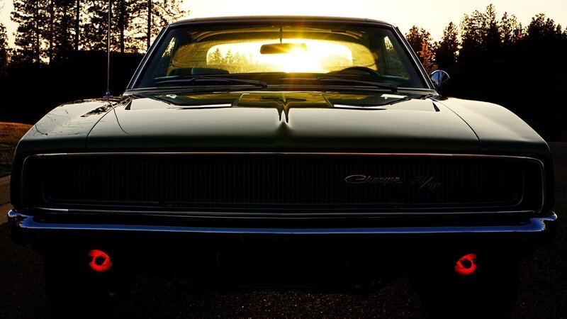 Black Muscle Car — Dramatic, Sunset, Photograph, Trees, Yellow