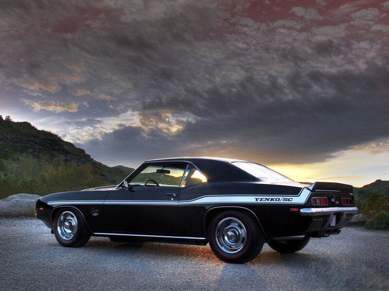 Black Muscle Car — Dramatic, Sunset