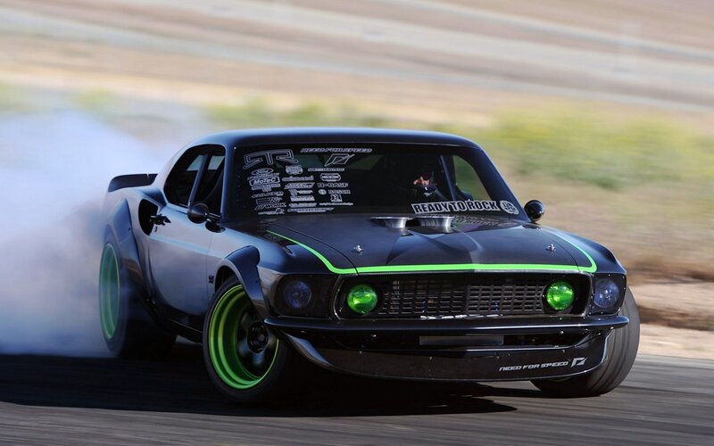 Black Muscle Car Drifting — Dynamic, Afternoon, Photograph, Smoke, Racing Track