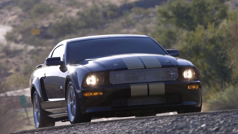 Black Muscle Car — Dynamic, Afternoon, Photograph, Road, Hills, Trees