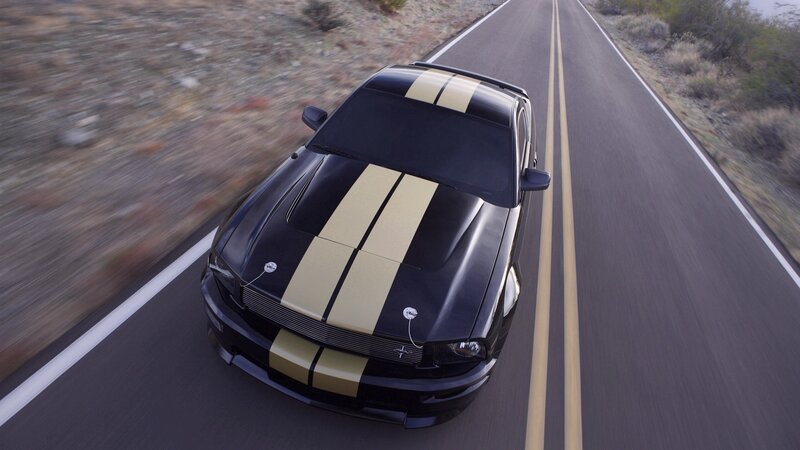 Black Muscle Car — Dynamic, Afternoon, Photograph, Road, Stripes, Desert