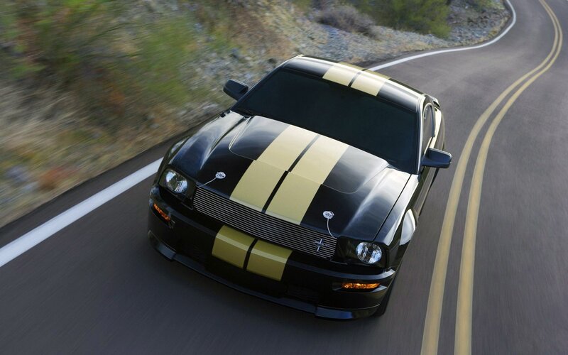 Black Muscle Car — Dynamic, Afternoon, Photograph, Road, Stripes, Gold