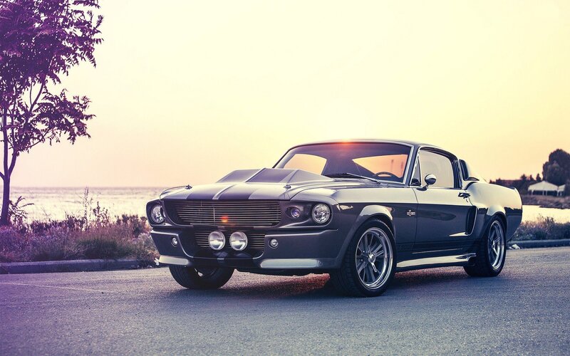 Black Muscle Car — Gray, Dramatic, Sunset, Photograph