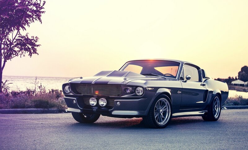 Black Muscle Car — Gray, Dramatic, Sunset, Photograph, Tree