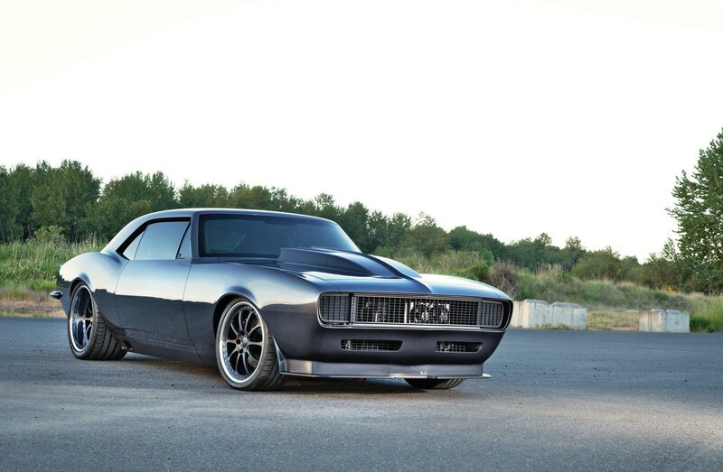 Black Muscle Car — Gray, Dramatic, Sunset, Photograph, Trees