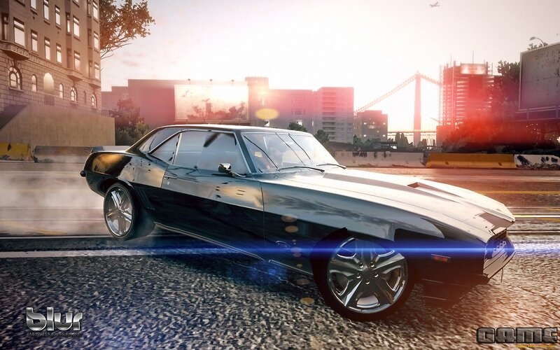 Black muscle car in city