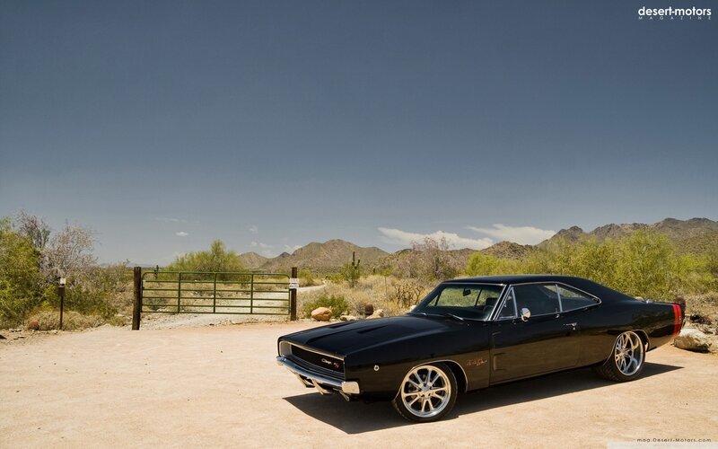 Black muscle car in desert