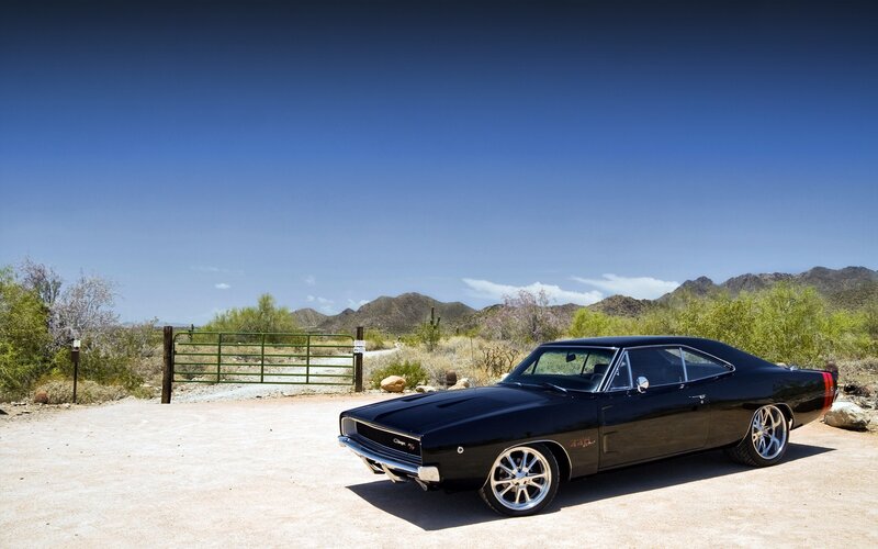 Black muscle car in desert