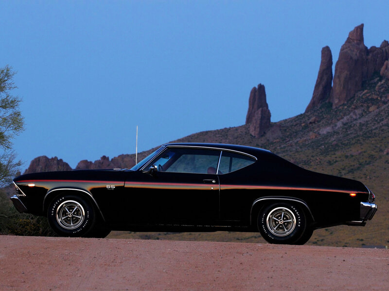 Black muscle car in desert