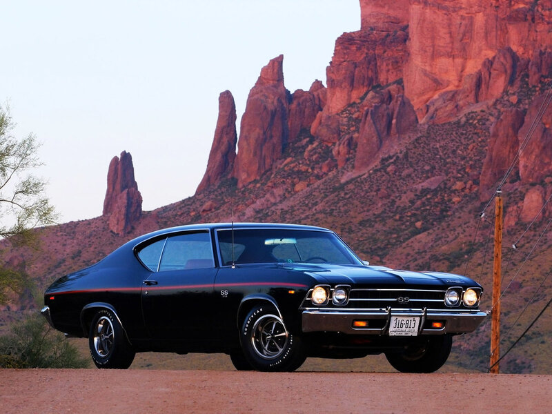 Black muscle car in desert