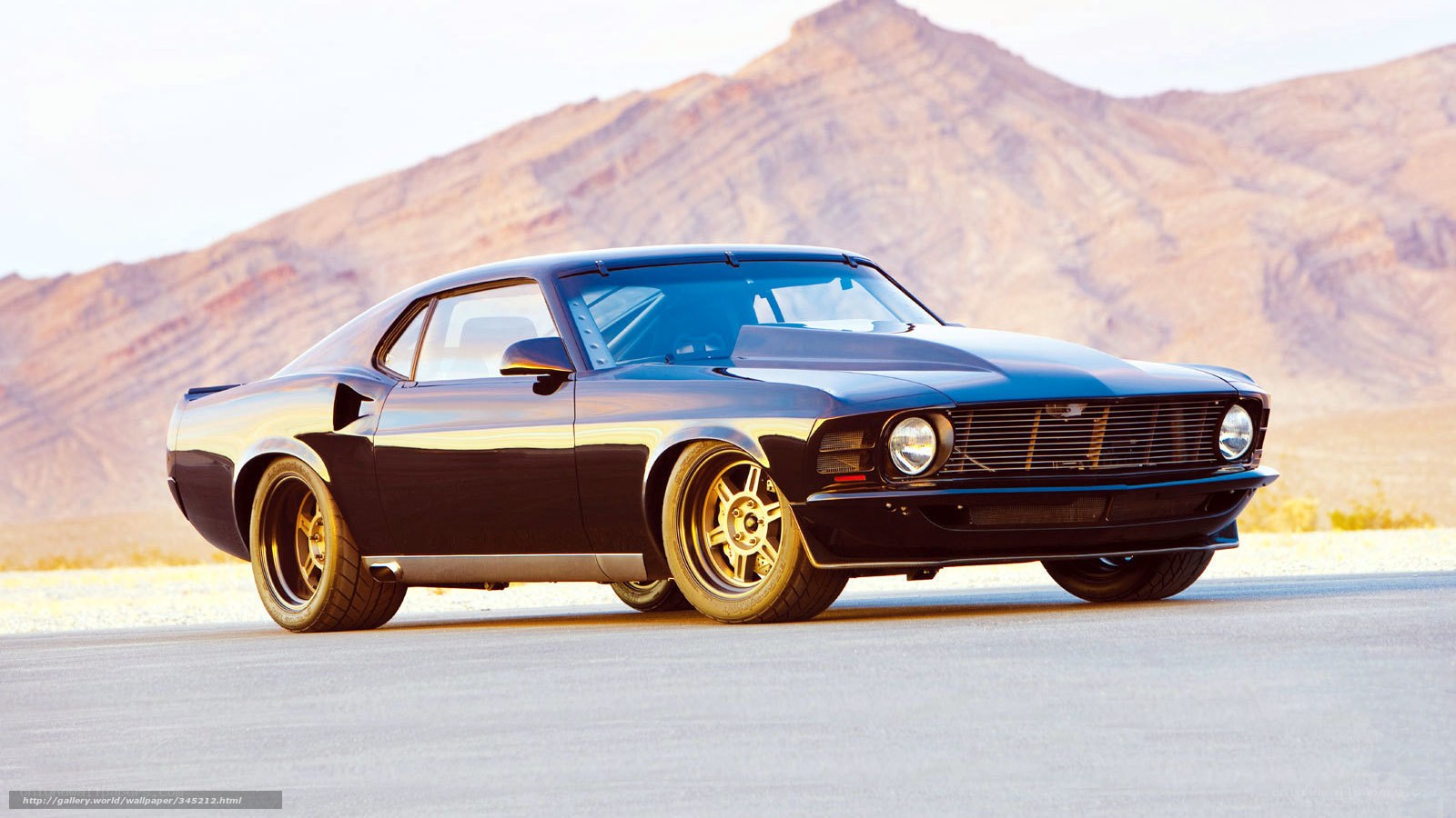 Black muscle car in desert