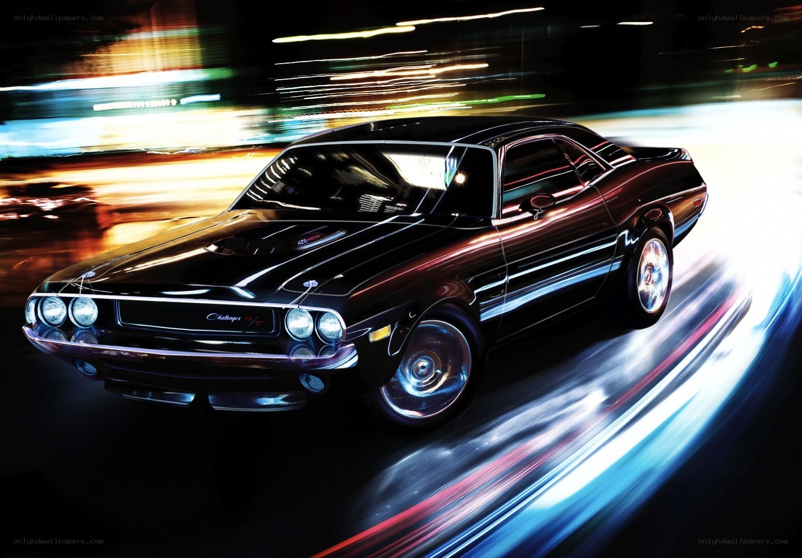Black muscle car in motion