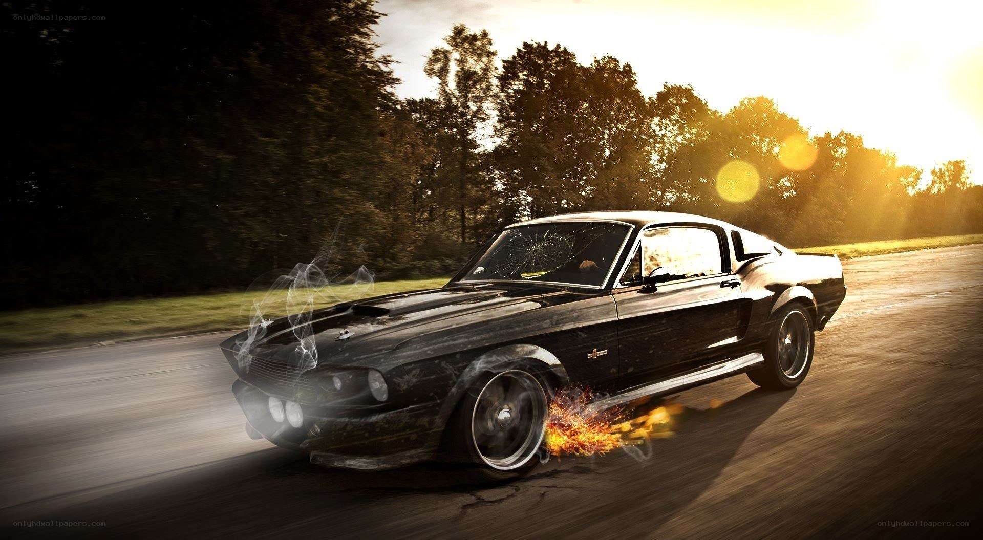 Black muscle car in motion
