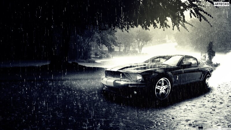 Black Muscle Car in Rain — Dramatic