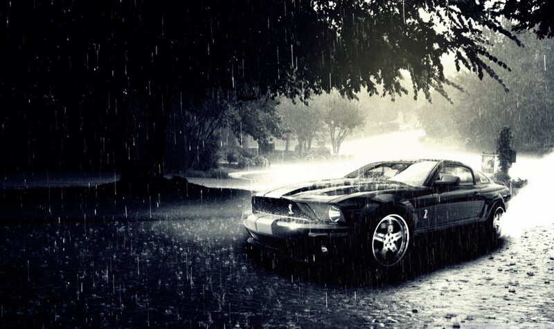 Black Muscle Car in Rain