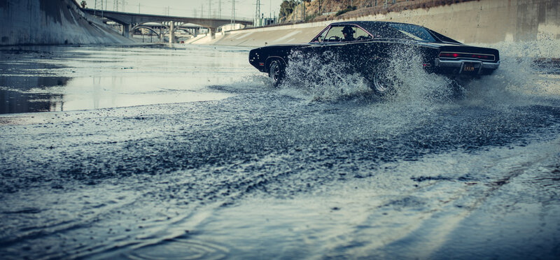 Black Muscle Car in Water