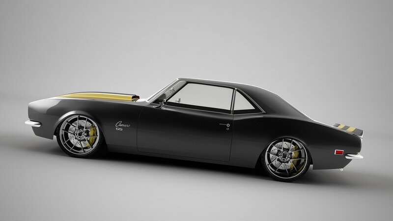 Black Muscle Car — Neutral, 3d Render, Yellow Stripes