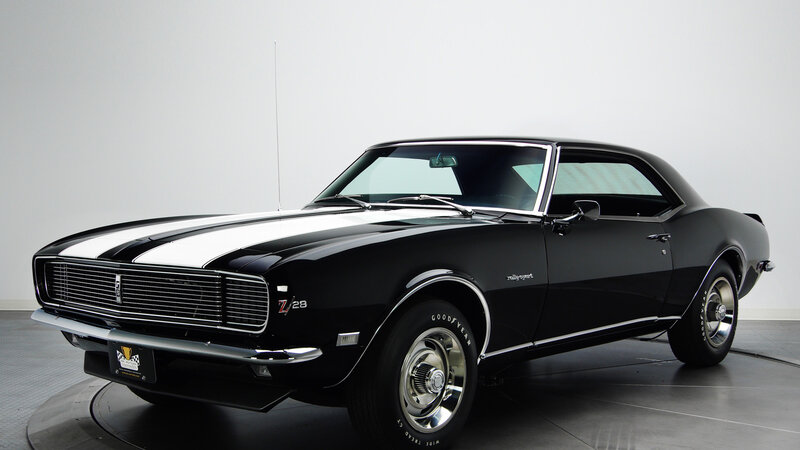 Black Muscle Car — Neutral, Photograph, White Stripes