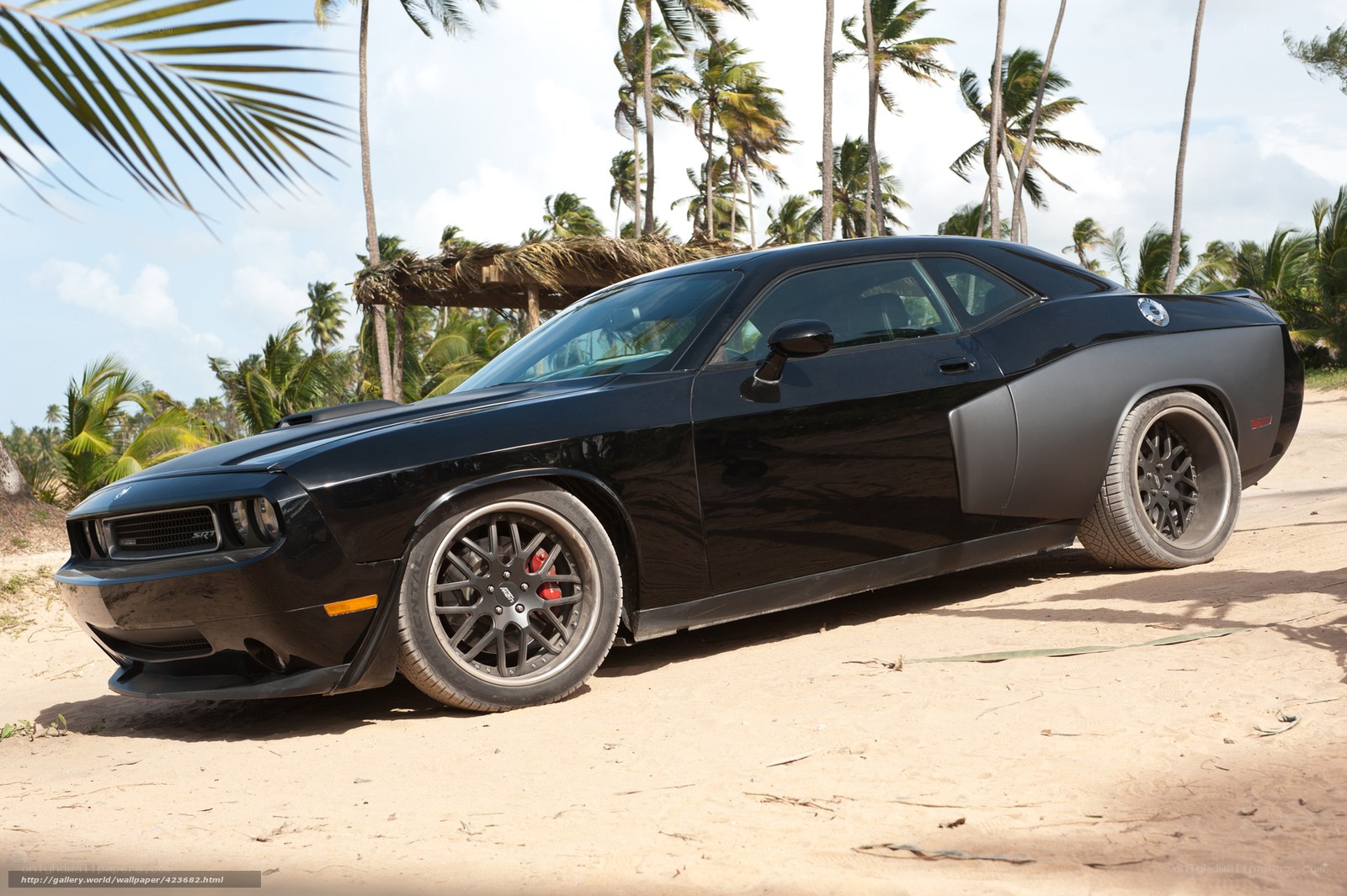 Black muscle car on beach