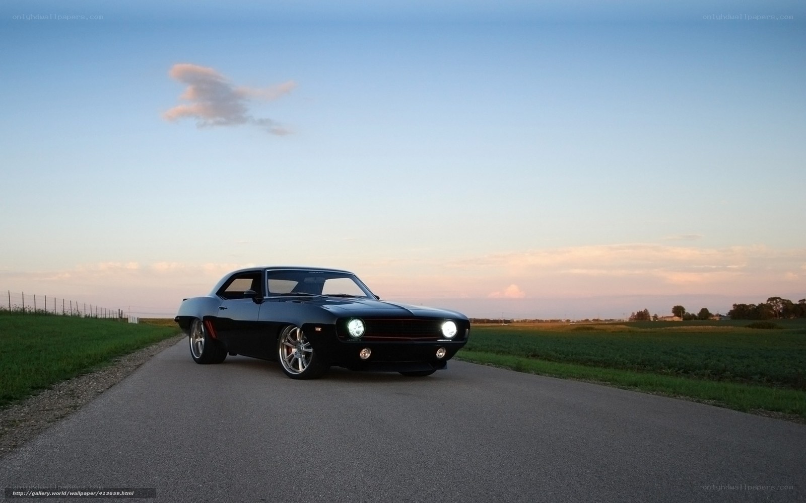 Black muscle car on country road