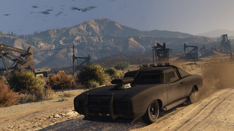 Black Muscle Car on Dirt Road