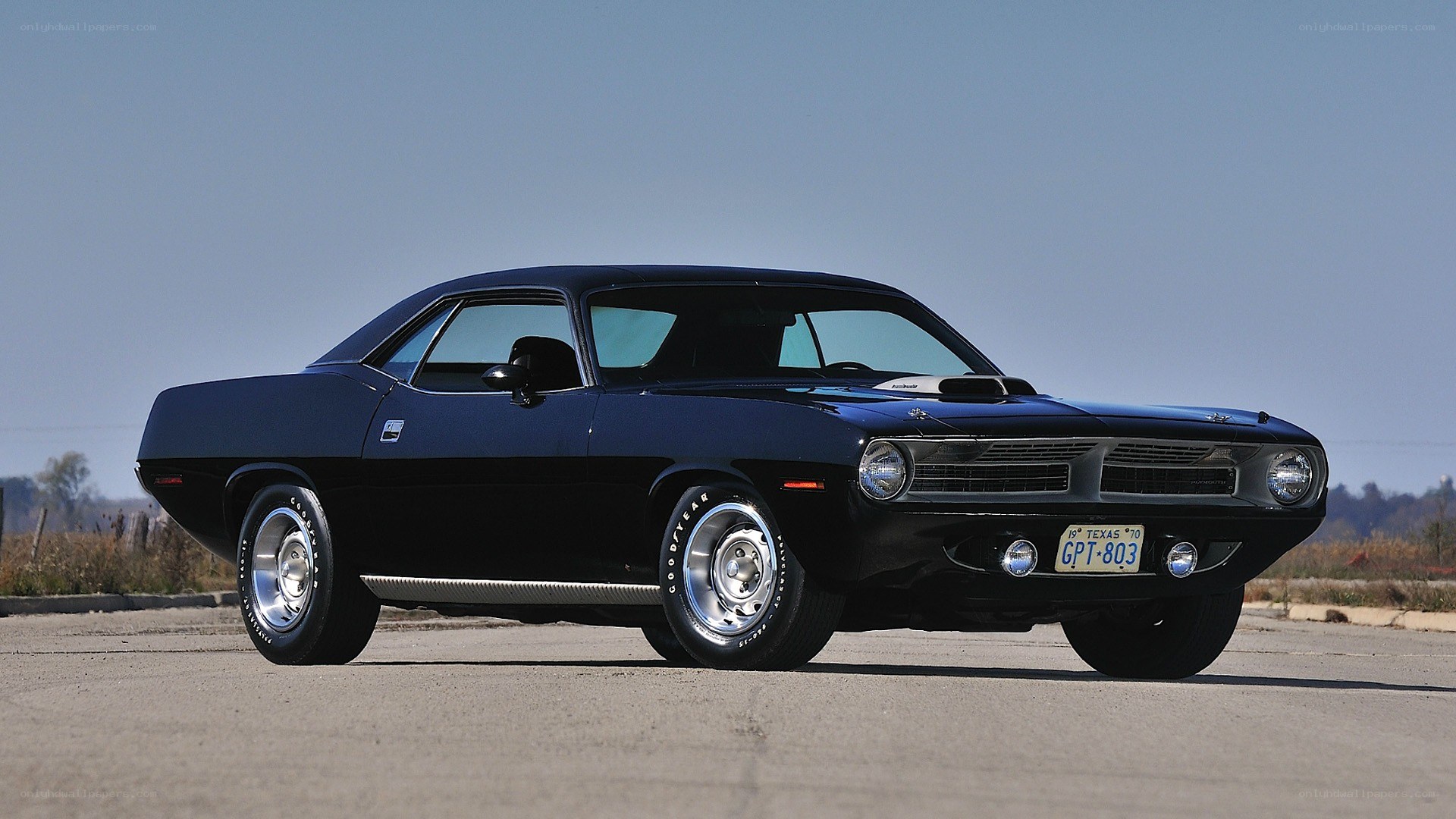 Black muscle car on pavement