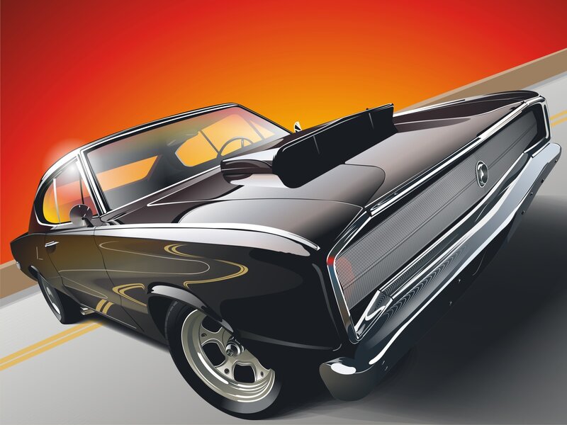 Black muscle car on road