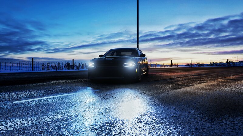 Black Muscle Car on Road — Blue