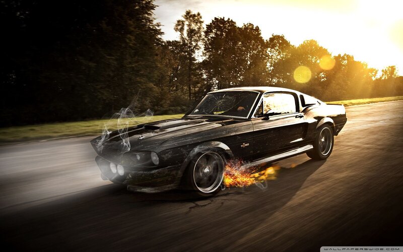 Black Muscle Car on Road — Dramatic
