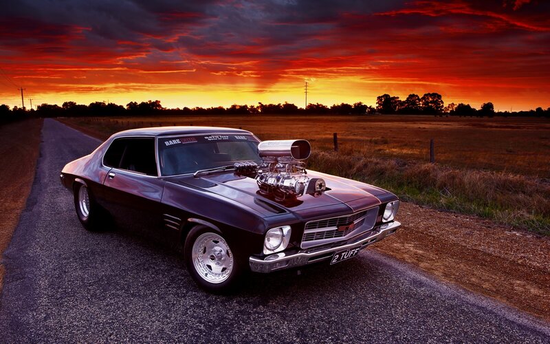 Black Muscle Car — Red, Dramatic, Sunset, Photograph