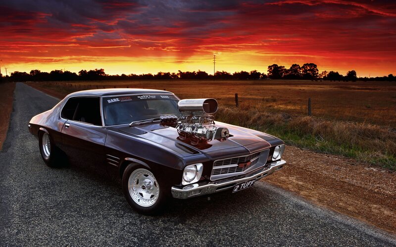 Black Muscle Car — Red, Dramatic, Sunset