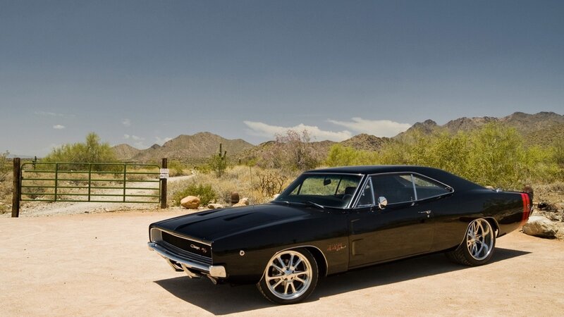 Black Muscle Car — Serene, Afternoon, Photograph, Desert, Mountains, Gate